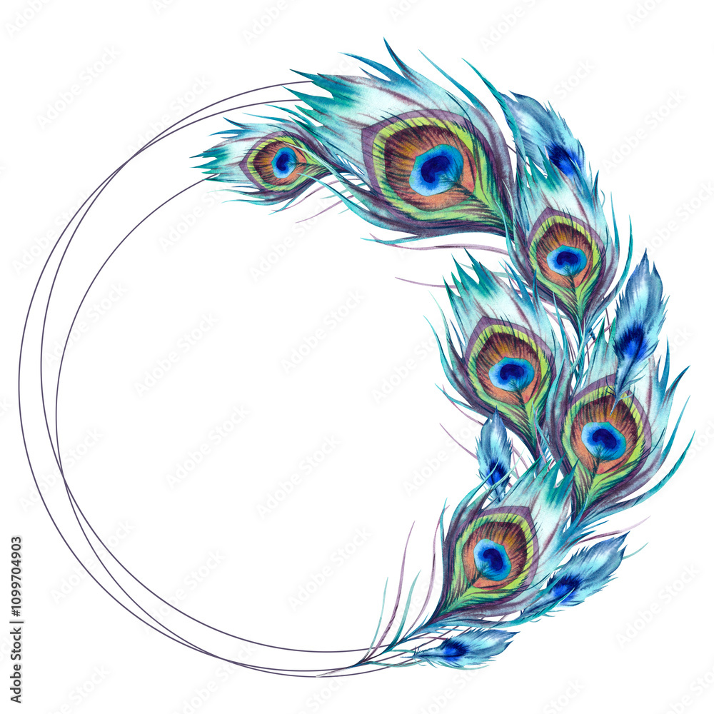 Obraz premium Peacock feathers round frame. The illustration is hand-drawn, executed in watercolor. A beautiful bright multicolored Phoenix bird feather on a white background. Asian, Indian, Japanese ornament