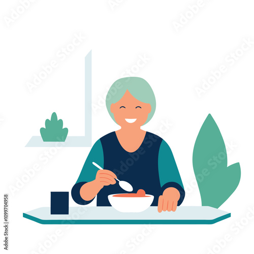 Senior woman eating soup at home. Vector illustration in flat style.