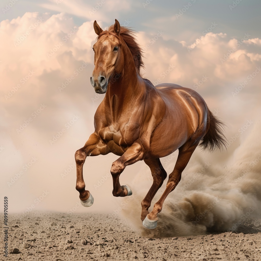 Obraz premium Beautiful red horse running on desert storm horse