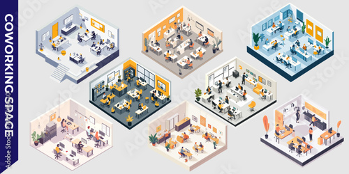 Isometric illustration of a modern coworking space with desks, computers, and people collaborating in a bright