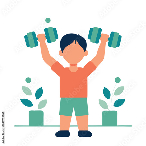 Boy doing exercises with dumbbells. Flat style vector illustration.