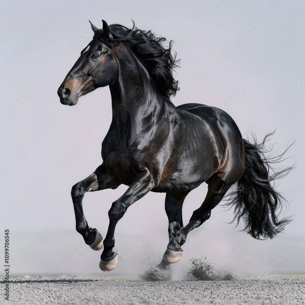 Fototapeta premium Black Andalusian stallion gallops on dark background