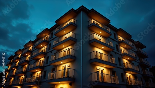 Modern apartment building at night. Illuminated balconies, windows glow warmly. City residential structure. Evening view of illuminated apartments. Urban architecture at dusk. Stylish housing block. photo