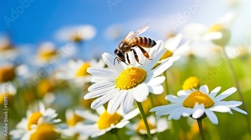 Wallpaper Mural Natural background depicting daisy flower and bees on a sunny day Torontodigital.ca