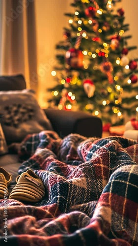 Cozy living room with holiday decorations featuring a warm blanket and shoes in front of a Christmas tree illuminated by lights