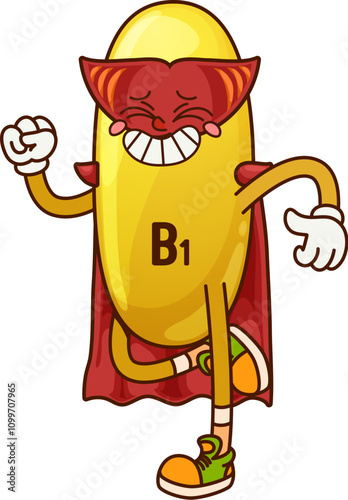 Cartoon groovy vitamin B1 superhero character. Isolated vector lively Thiamin pill flexes its muscles with a big grin, wearing red cape and mask. Playful defender capsule embodying strength and energy