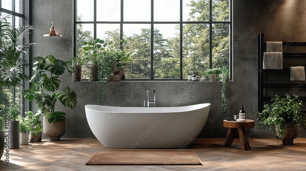 Fototapeta premium Elegant modern bathroom design with freestanding tub surrounded by greenery and natural light