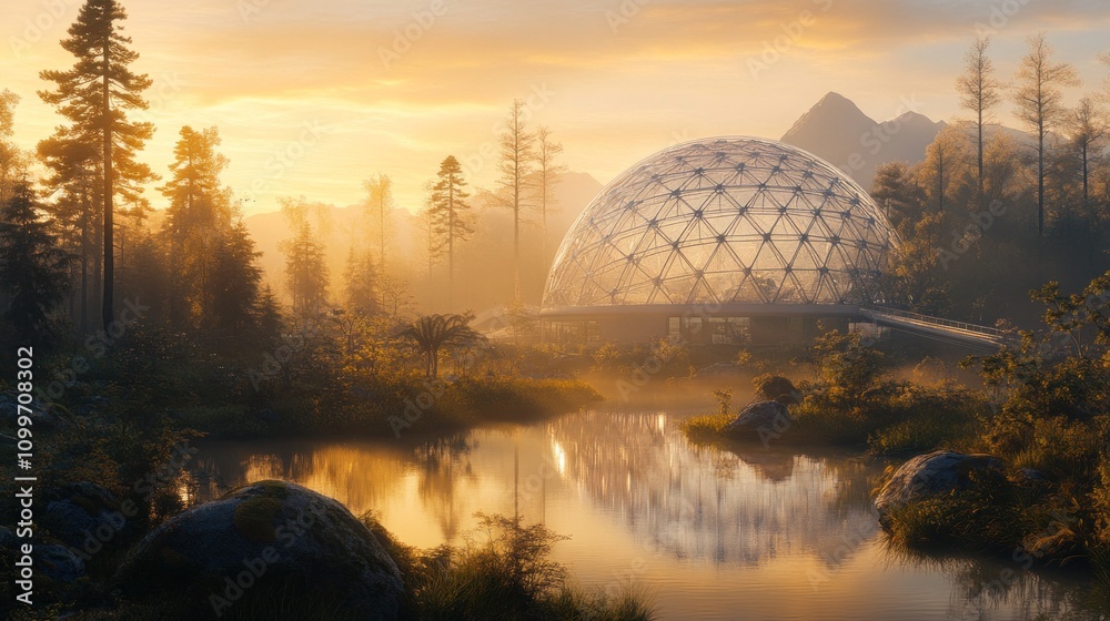 Fototapeta premium Futuristic geodesic dome reflected in a serene forest lake at sunrise.