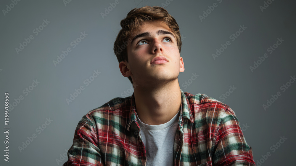 Obraz premium Young man in plaid shirt looking thoughtfully upward