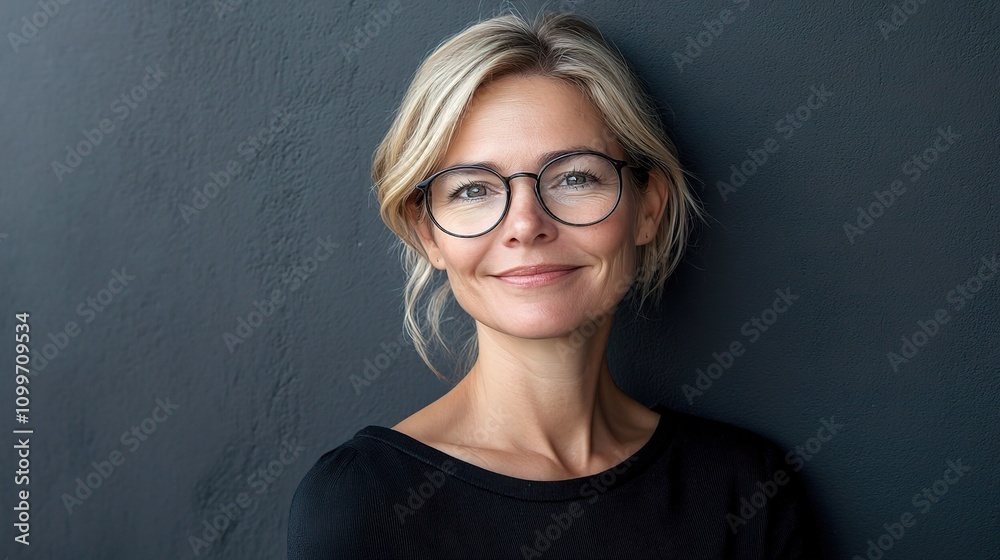 Fototapeta premium Confident Woman Smiling in Fashionable Outfit with Glasses