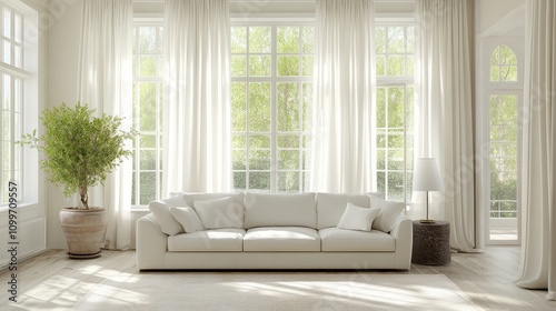 Simple, off-white curtains with a gentle sheen, bringing sophistication and lightness to the room without overwhelming the decor