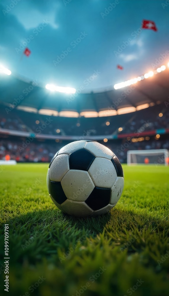 Naklejka premium Soccer Ball in a Stadium with Lights. A classic black and white soccer ball on green grass in the center of a stadium, illuminated by spotlights