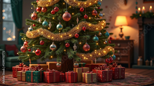 A beautifully adorned Christmas tree with gold garlands, red and teal ornaments, surrounded by colorful gift boxes in a cozy living room setting.