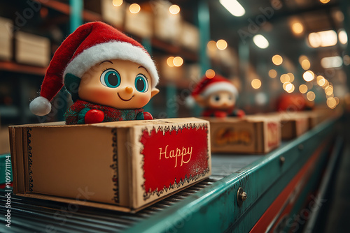 Illustration Wooden toy boxes are arranged on a conveyor belt in a toy warehouse. Elves are preparing to welcome Santa Claus on Christmas Day.	
 photo