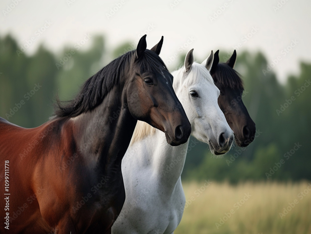Obraz premium At sunset, horses run along the sandy shore of the ocean.