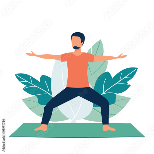 Man practicing yoga, doing asana in lotus position. Flat vector illustration.