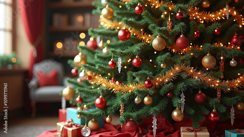 Beautifully decorated Christmas tree with red and gold ornaments, glowing fairy lights, and wrapped presents in a cozy living room.