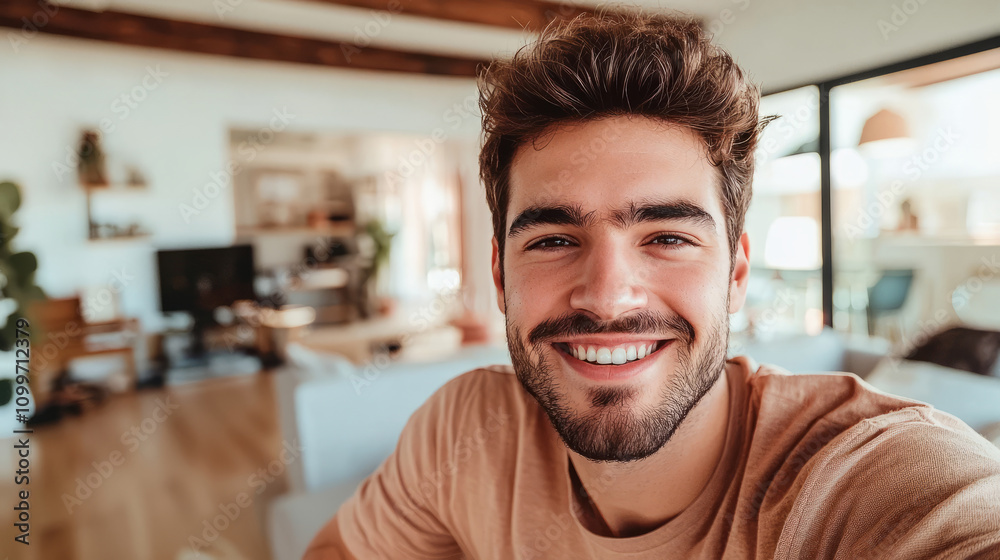Fototapeta premium Smiling young man taking a selfie in a cozy living room