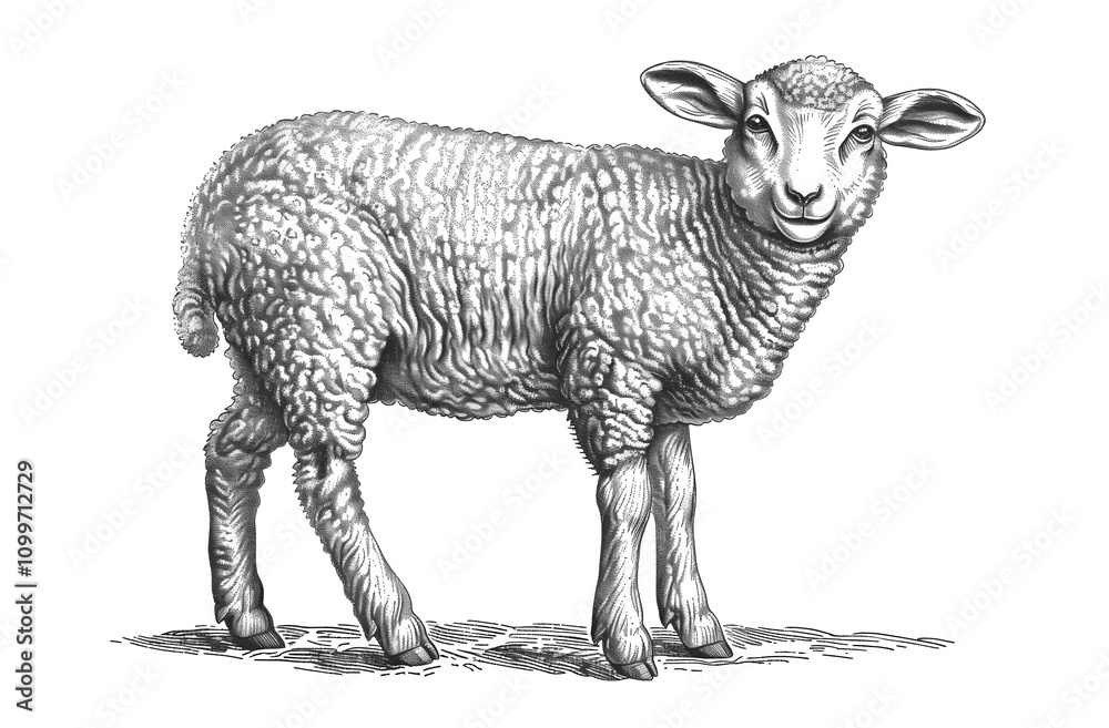 Fototapeta premium Sheep, lamb. Vintage retro print, black white sheep lamb sketch ink pencil style drawing, engrave old school. Sketch artwork silhouette farm sheep lamb. Side view profile. Illustration