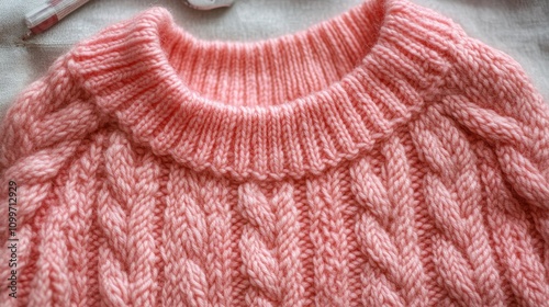 Pink wool sweater in progress featuring intricate braided cable designs, captured from a top view to highlight the knitting technique and craftsmanship details.