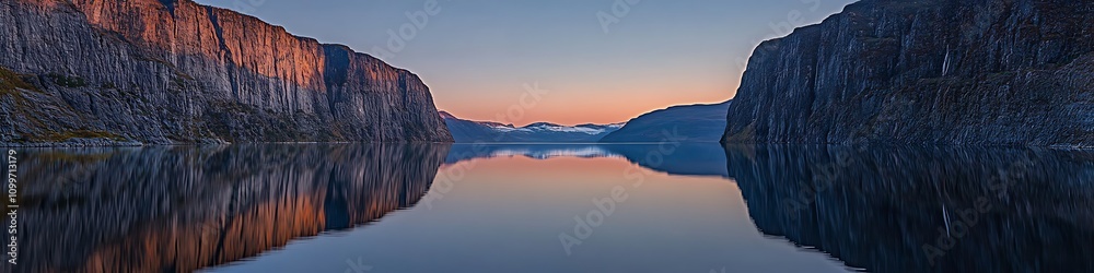 Obraz premium A tranquil fjord with steep cliffs reflected perfectly in the still water at dawn