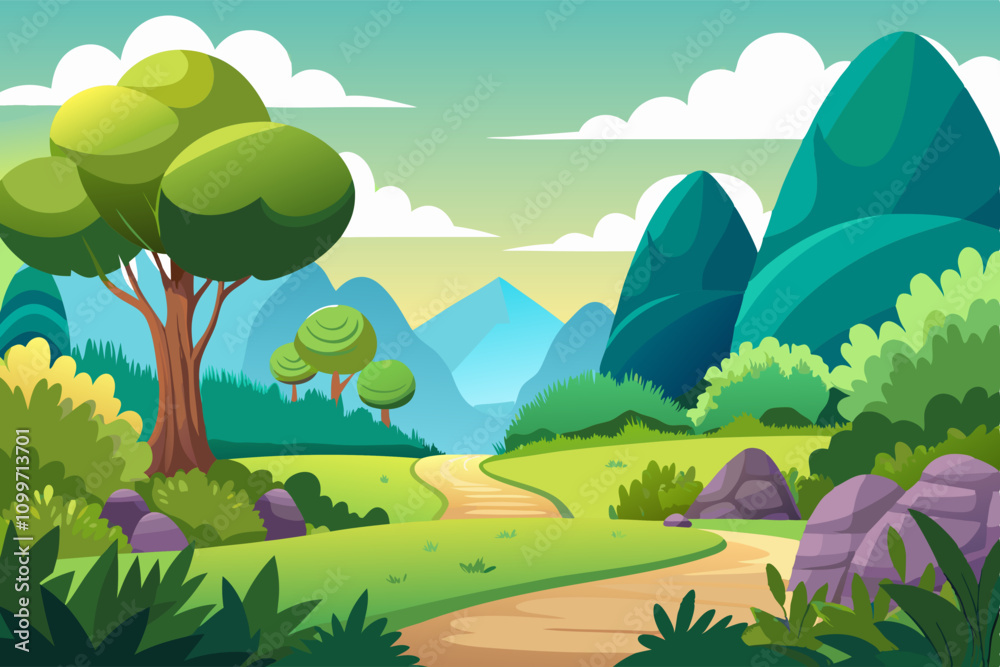 Naklejka premium Cartoon forest landscape with a path and stones