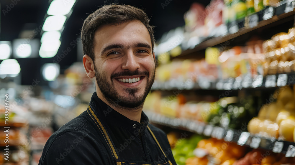 Fototapeta premium Smiling young supermarket worker in produce section