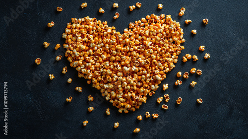 Popcorn kernels arranged in heart shape create festive and fun design