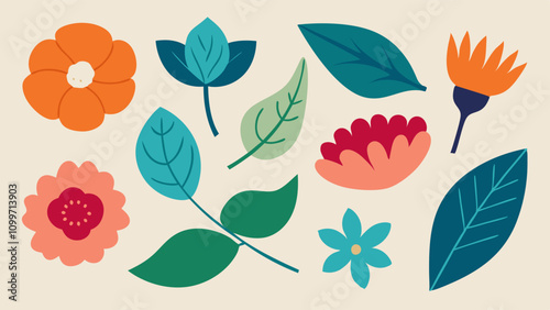 Set of simple leaves, flowers and plants vector abstract