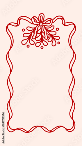 Christmas frame with bouquet wreath of mistletoe, coquette pretty bow, ribbons. Hand drawn holiday border or stories template.  Winter vintage design for greeting cards, invitations, social media