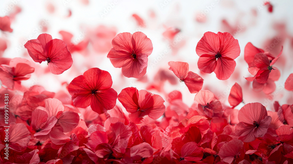 Obraz premium Scattered red geranium petals create vibrant garden scene