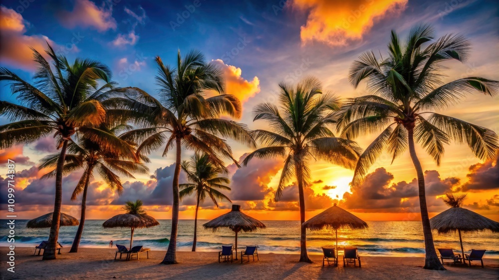 Obraz premium Vintage Cancun Mexico Tropical Vacation Destination with Silhouettes, Palm Trees, Beaches, Sunsets, and Exotic Vibes for Travel Lovers and Beach Enthusiasts