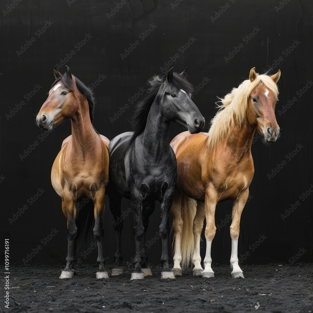 Obraz premium Three horses standing on black background side view.