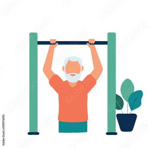 Senior man doing pull ups on horizontal bar. Flat style vector illustration.
