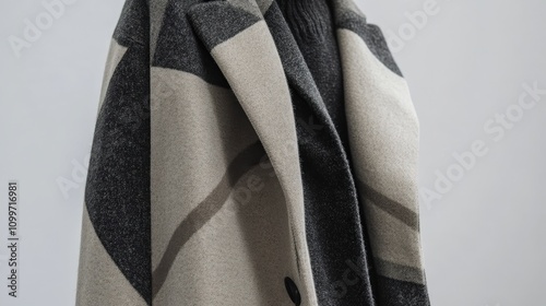 Visualize a winter coat with minimalist geometric patterns in neutral colors like beige and charcoal gray. photo