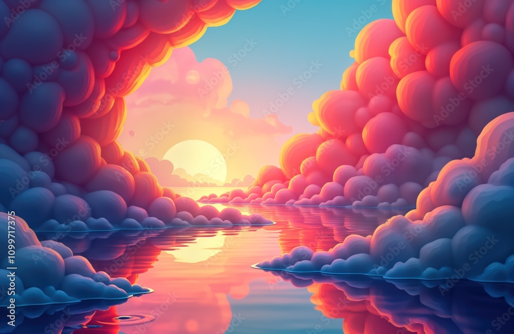 Fototapeta premium Abstract animation shows colorful clouds reflecting on calm water at sunset. Geometric shapes create vibrant cloudscapes. Dreamy, magical atmosphere. Perfect for creative projects. Stunning art