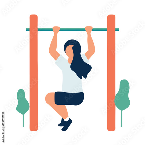 Girl doing pull ups on horizontal bar. Flat style vector illustration.