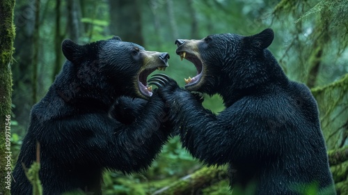 Two black bears face each other in an intense confrontation deep within a dense forest, showcasing sharp claws and teeth amidst vibrant greenery and moss-covered trees. photo