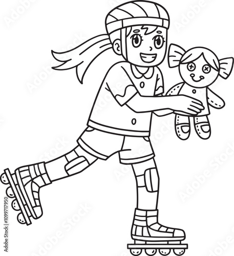 Female Inline Skating with Doll Isolated Coloring 