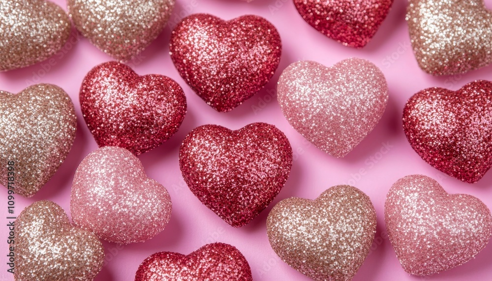Fototapeta premium Sparkling Valentines Day Hearts A Romantic Festive Flat Lay Design on Pink Background