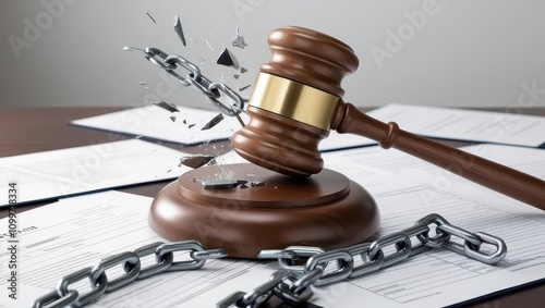 Law restriction and reform, Broken gavel with chains on legal documents symbolizes justice issues.