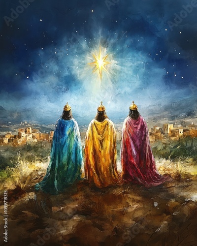 Three kings following star of bethlehem christmas scene