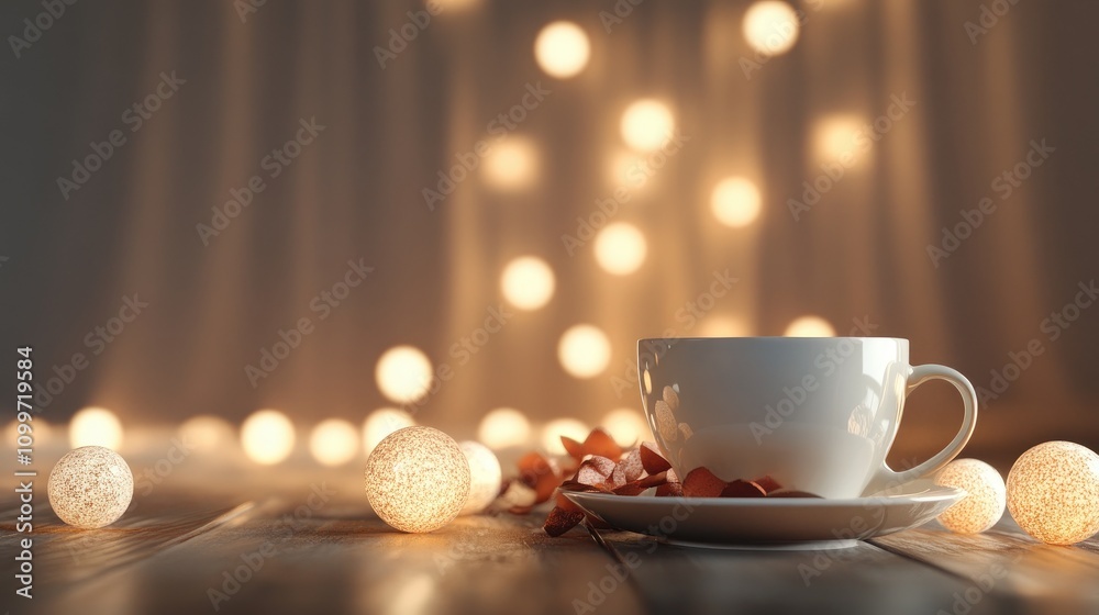 Fototapeta premium Serene Coffee Cup Surrounded by Soft Luminescent Orbs and Decorative Petals on a Wooden Surface