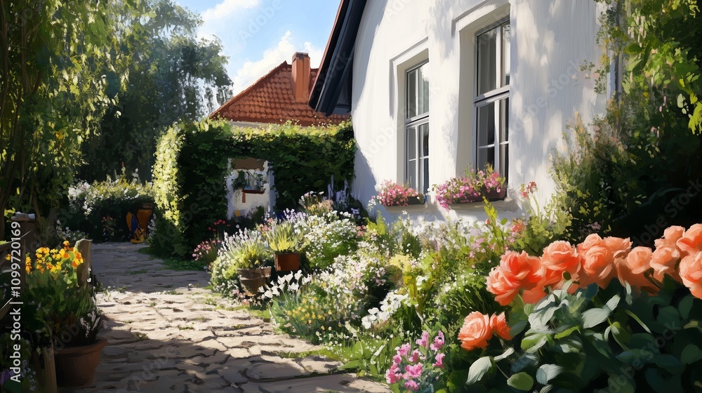Obraz premium A stone pathway winds through a meticulously maintained garden, leading to a white house with a red-tiled roof