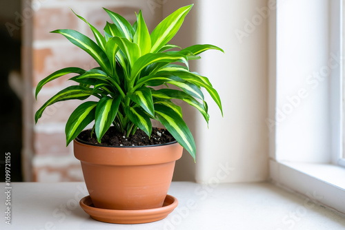 A potted plant sitting on a window sill next to a window photo