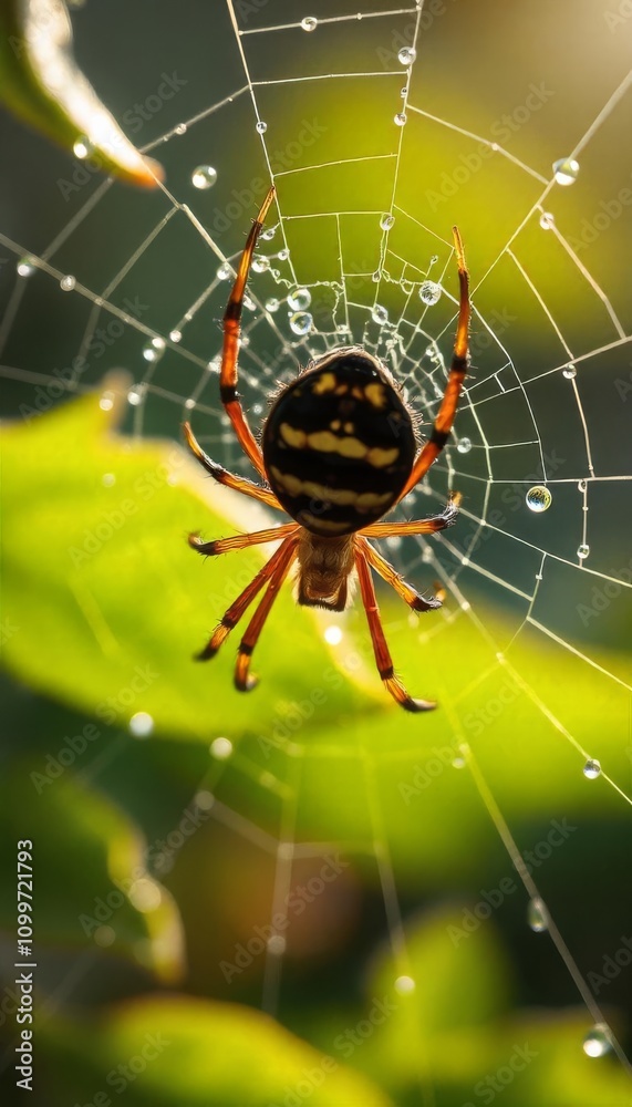 Obraz premium Macro photo of spider in its web against green background