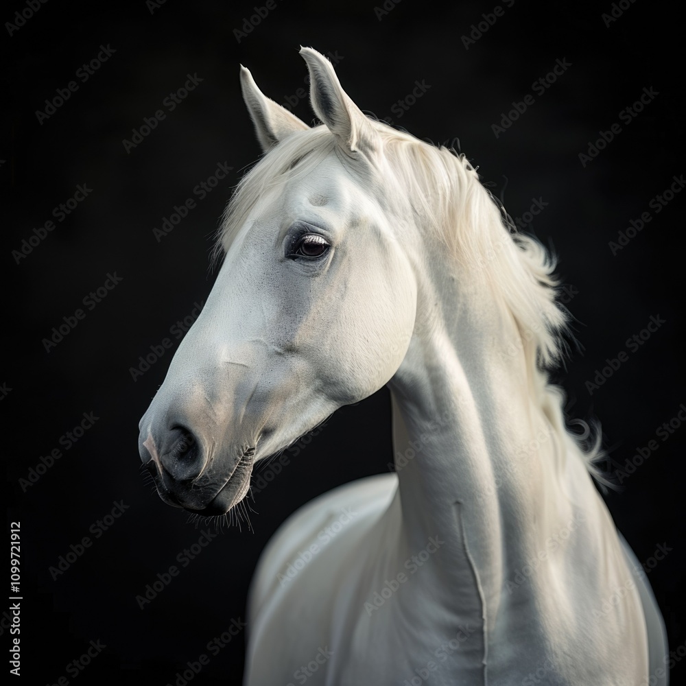 Obraz premium White horse portrait on black background horse