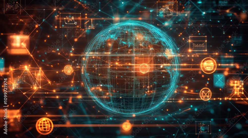 Obraz premium Global network connection, digital data, futuristic technology, worldwide communication.