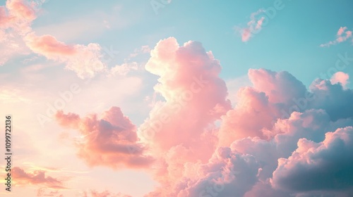 Wallpaper Mural Romantic pastel sunset sky with fluffy pink clouds drifting across a serene blue background, creating a tranquil and dreamy atmosphere. Torontodigital.ca
