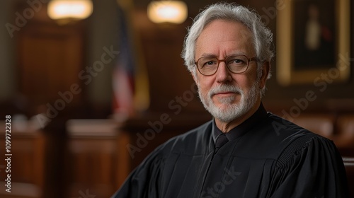 Judge presiding over court hearing in a wood-paneled courtroom with classic decor and ambient lighting photo